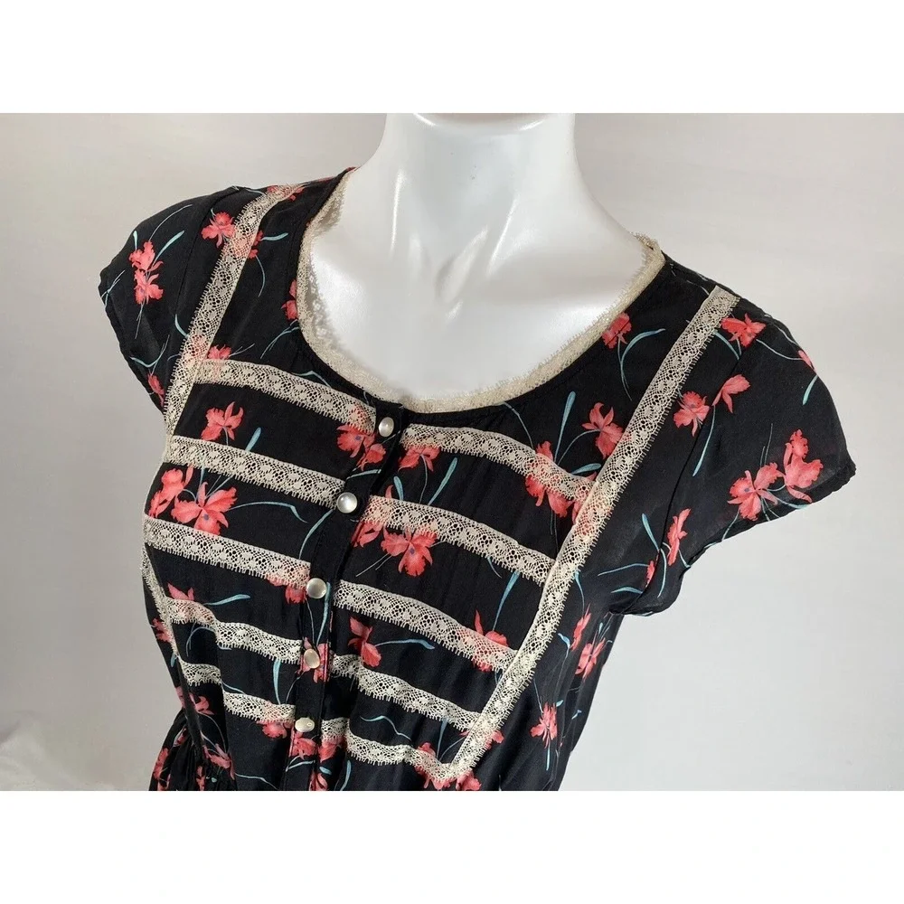 Free People Tunic Top Womens 4‎ Black Embroidered Floral Boho Hippie